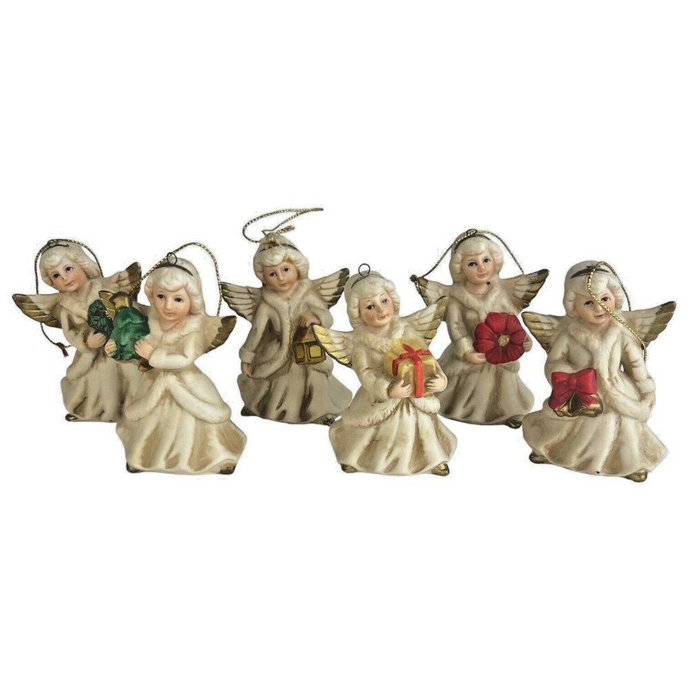 6 Homco Angel Tree Ornaments Complete Set Bisque Porcelain Made in‎ Taiwan VTG